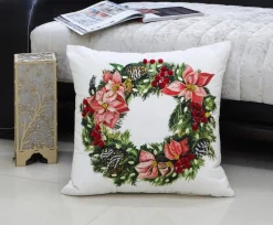 20" White And Green Handloomed Christmas Wreath Throw Pillow