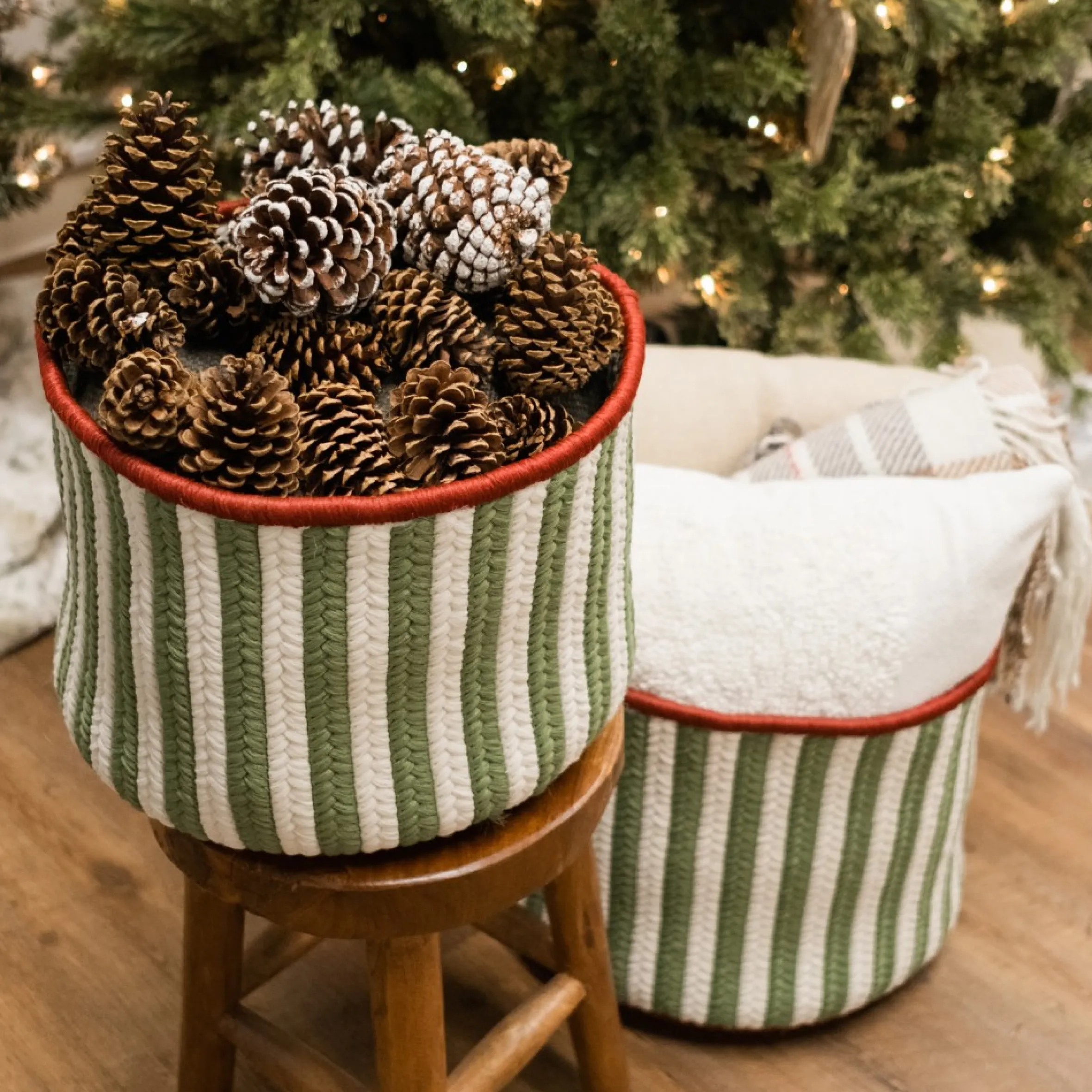 12" White And Green Vertical Striped Braided Round Christmas Storage Basket