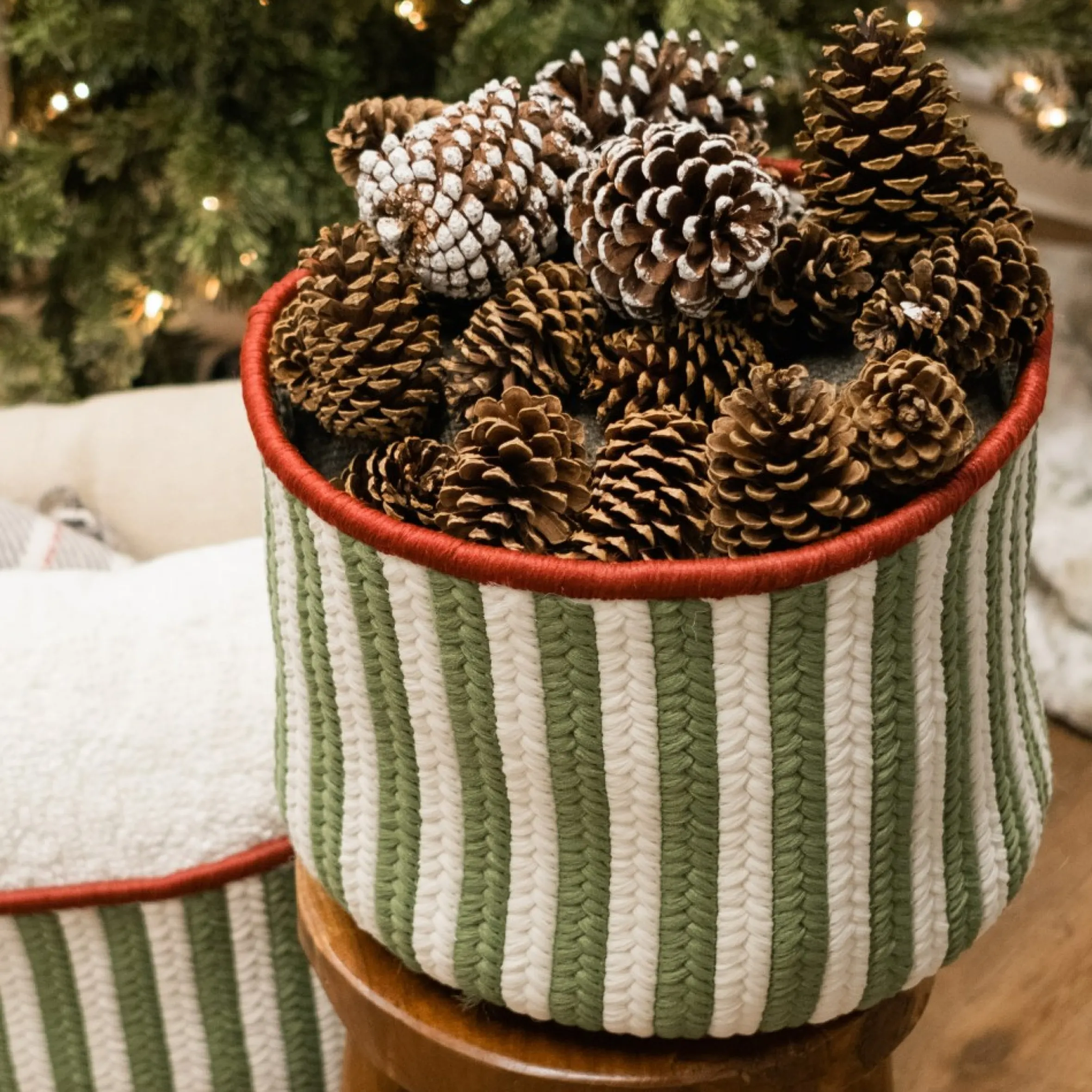 12" White And Green Vertical Striped Braided Round Christmas Storage Basket