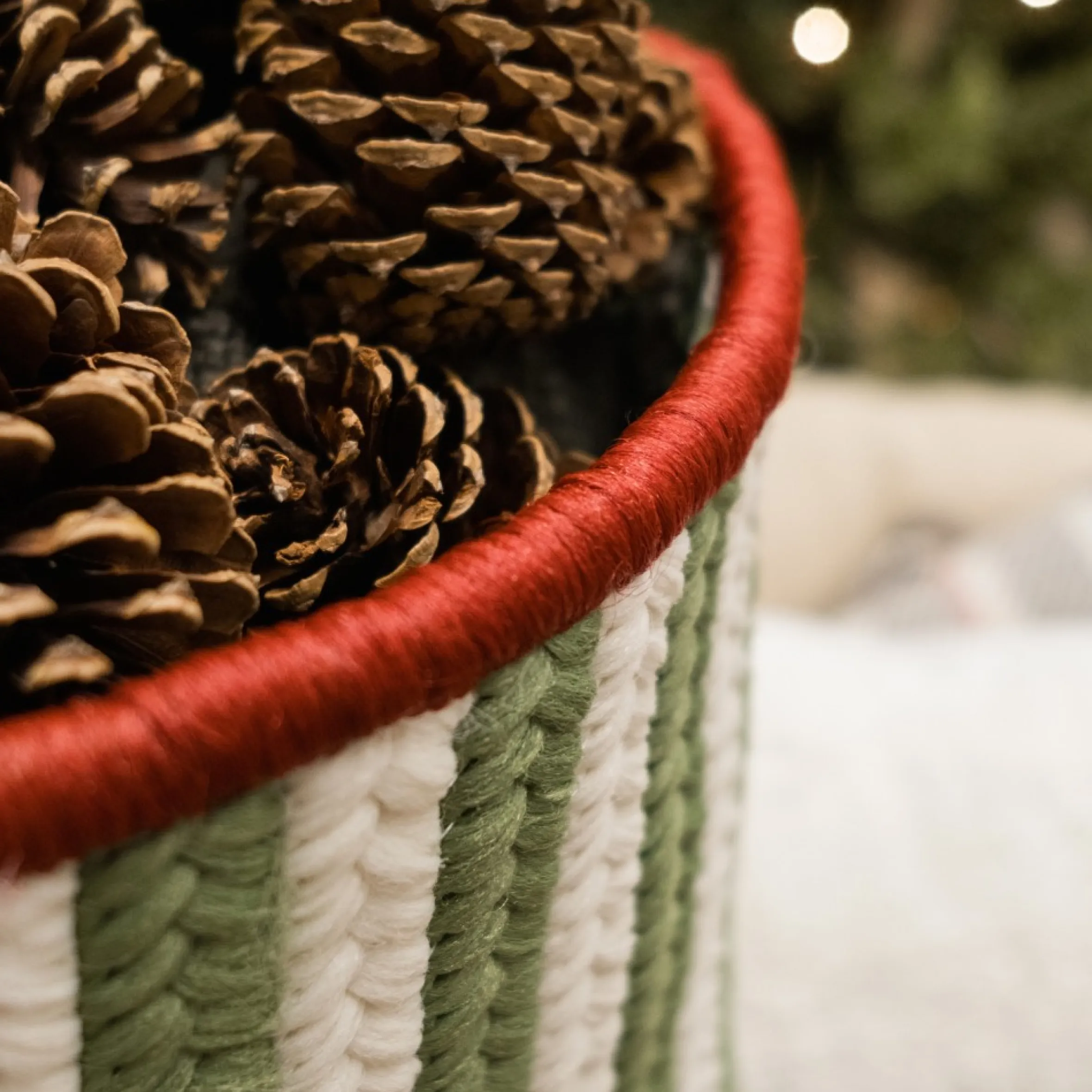 12" White And Green Vertical Striped Braided Round Christmas Storage Basket