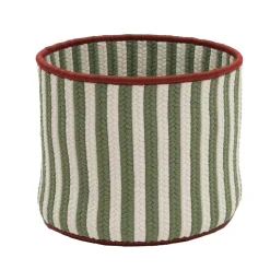 14" White And Green Vertical Striped Braided Round Christmas Storage Basket