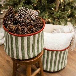 14" White And Green Vertical Striped Braided Round Christmas Storage Basket