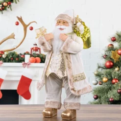 24" White And Ivory Santa Claus With Gift Bag Christmas Figure