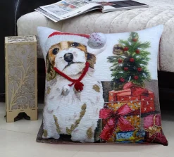 20" White And Red Adorable Dog With Gifts Christmas Throw Pillow