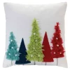15.5" White And Red Embroidered Pine Tree Square Christmas Throw Pillow