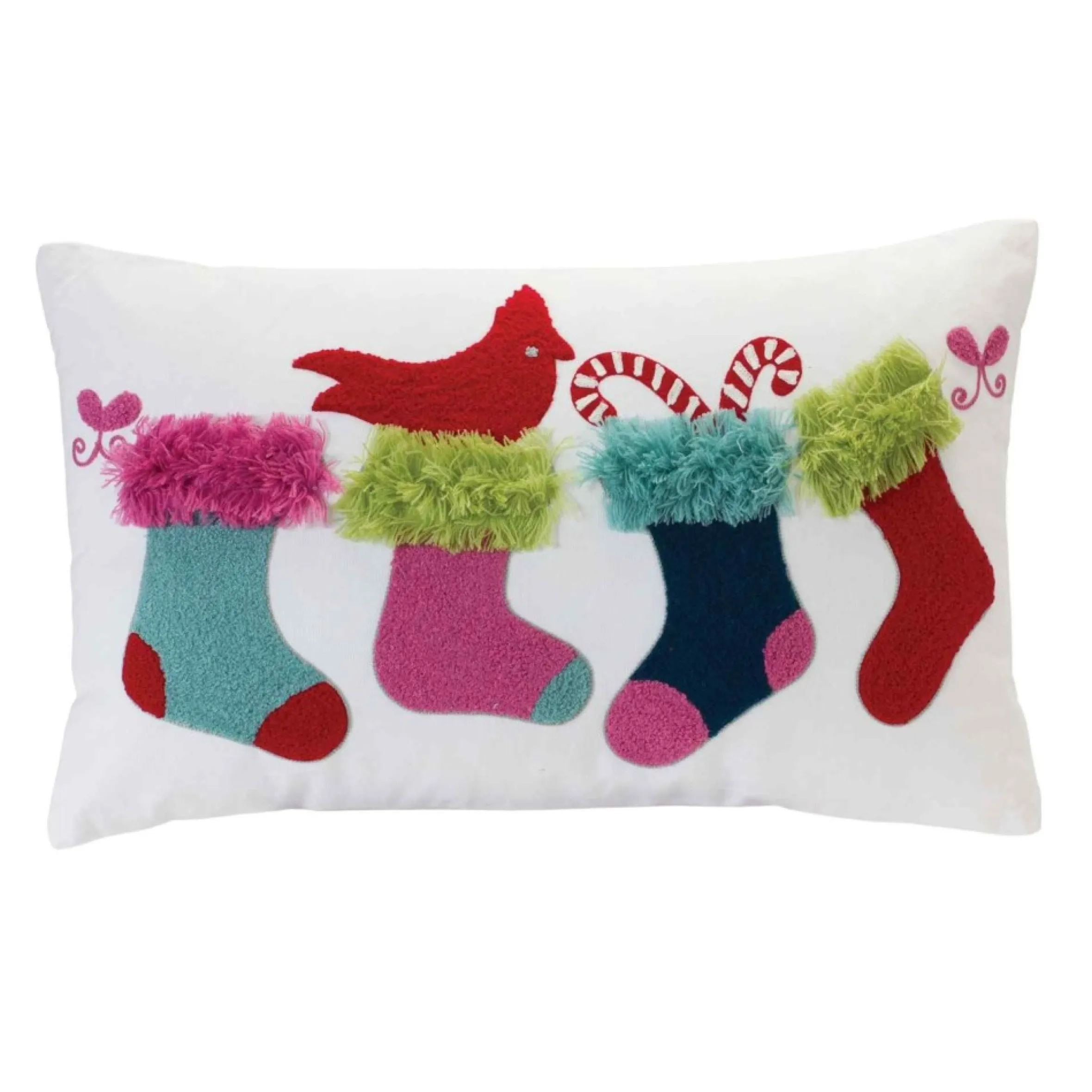 19.5" White And Red Embroidered Stocking Rectangular Christmas Throw Pillow
