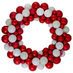 White And Red 3-Finish Shatterproof Ball Christmas Wreath - 24-Inch, Unlit