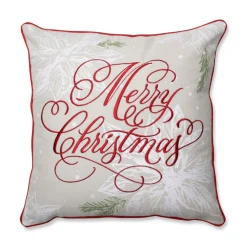 17" White And Red Floral "Merry Christmas" Square Throw Pillow