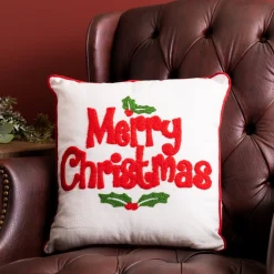 16" White And Red Holly "Merry Christmas" Throw Pillow