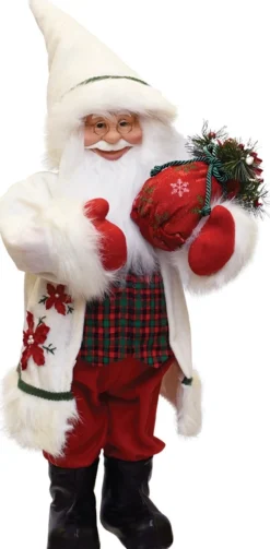 25" White And Red Santa With Sack Of Pine Christmas Figurine