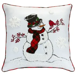 17" White And Red Snowman And Cardinal Throw Pillow