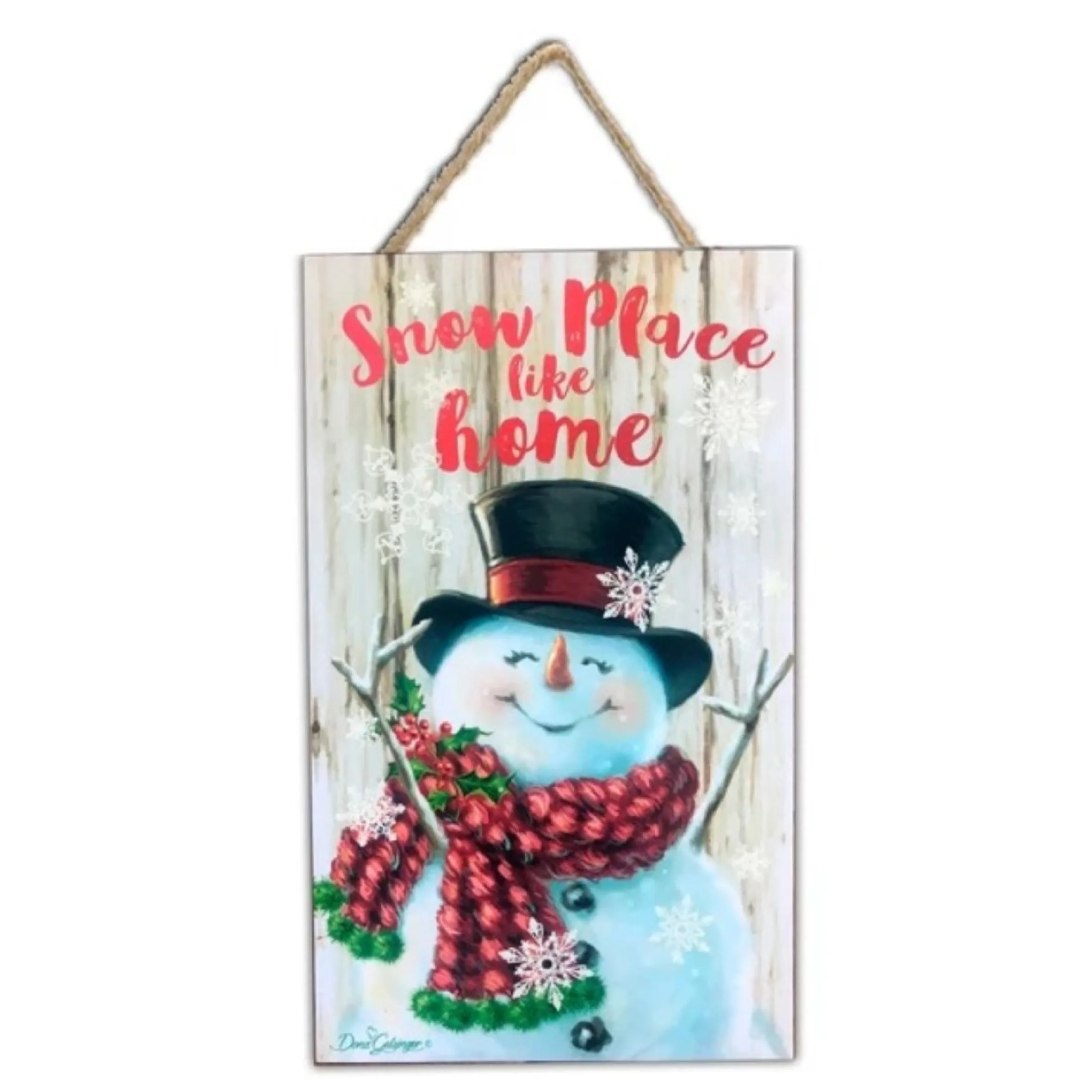White And Red Snowman Printed Rectangular Christmas Wall Sign With Rope Hanger 10" X 6"