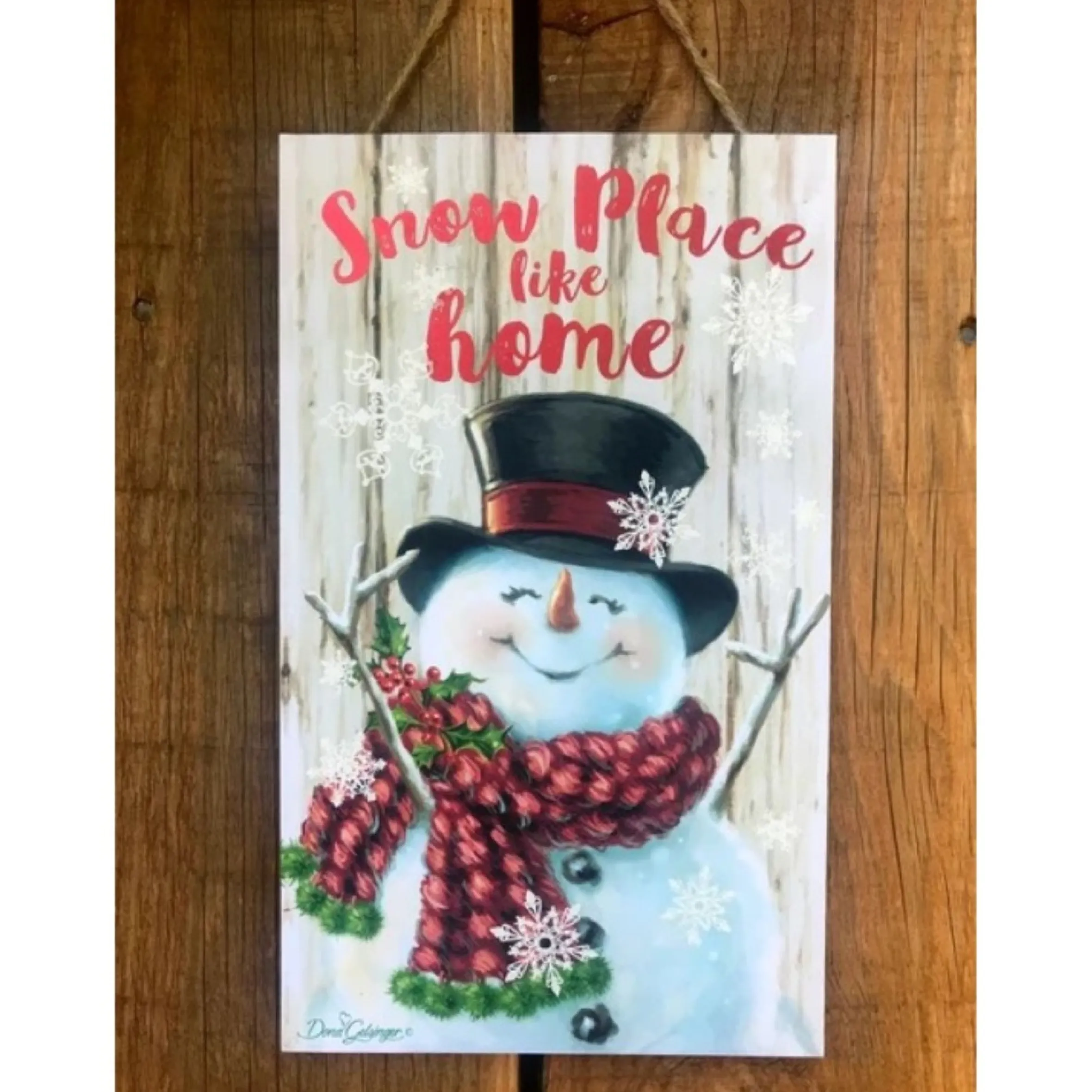 White And Red Snowman Printed Rectangular Christmas Wall Sign With Rope Hanger 10" X 6"