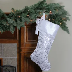 19" White And Silver Filigree Christmas Stocking With Bows