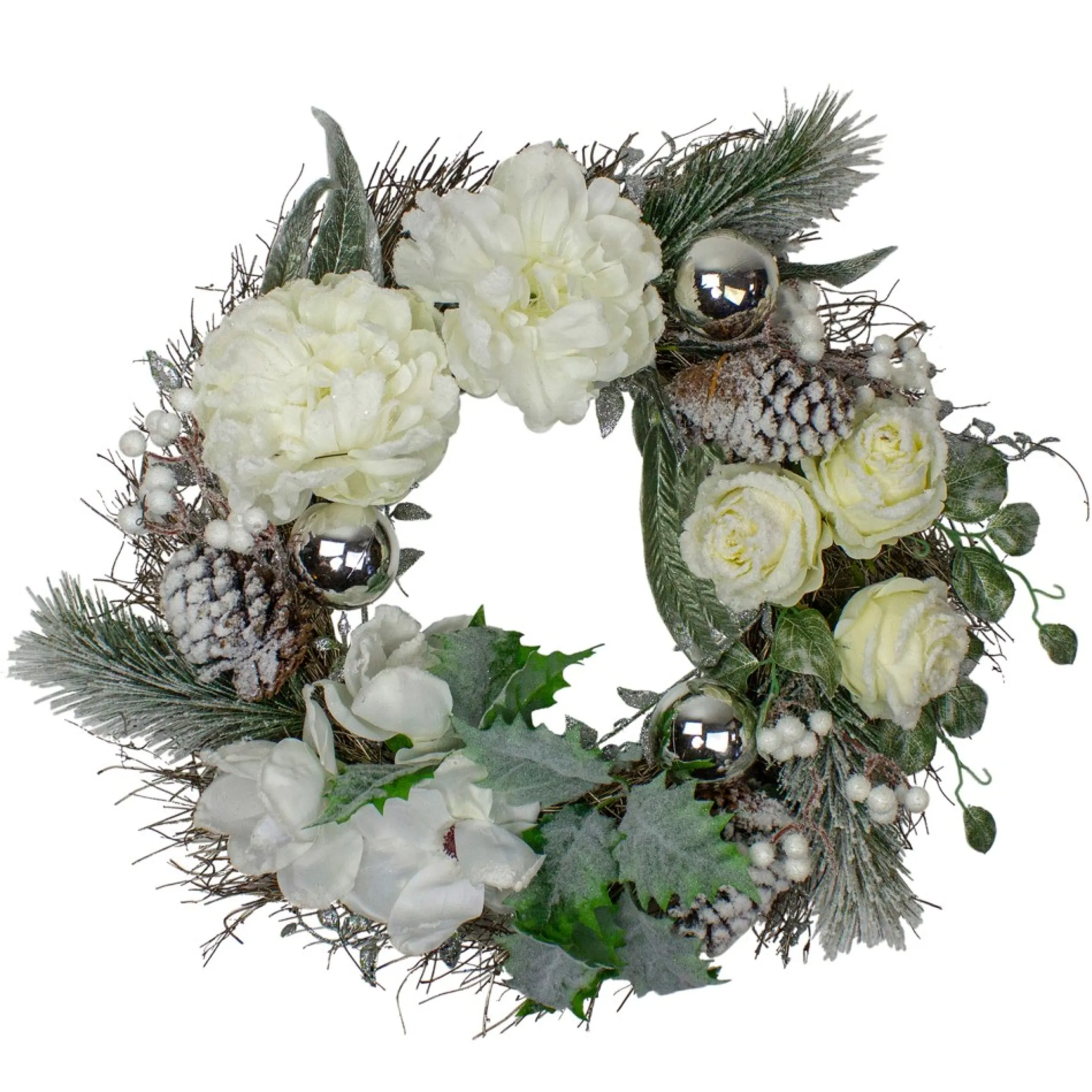 White And Silver Floral Flocked Pine Artificial Grapevine Christmas Wreath - 24-Inch, Unlit