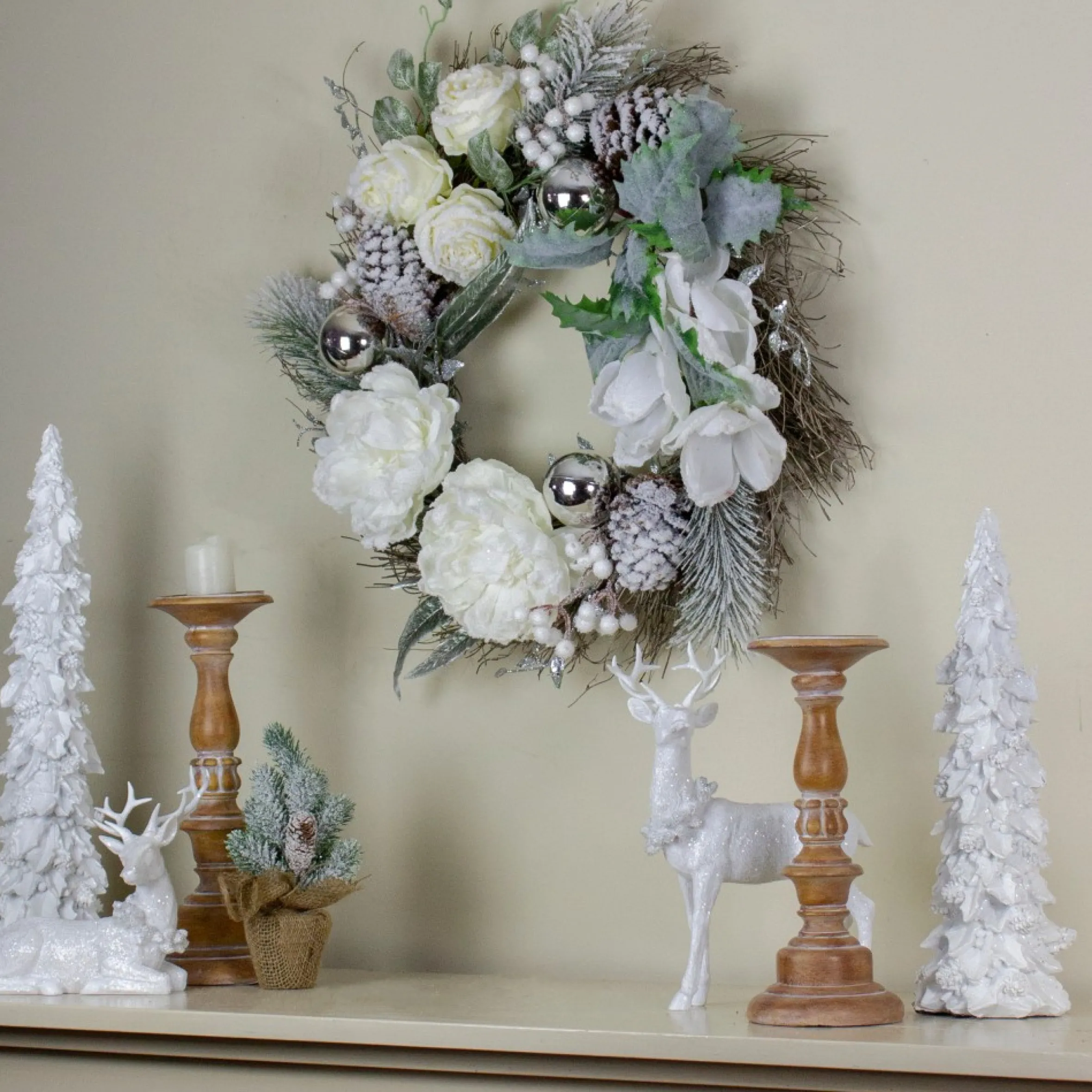 White And Silver Floral Flocked Pine Artificial Grapevine Christmas Wreath - 24-Inch, Unlit