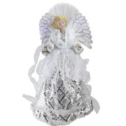 16" White And Silver Lighted Angel Sequined Gown Christmas Tree Topper