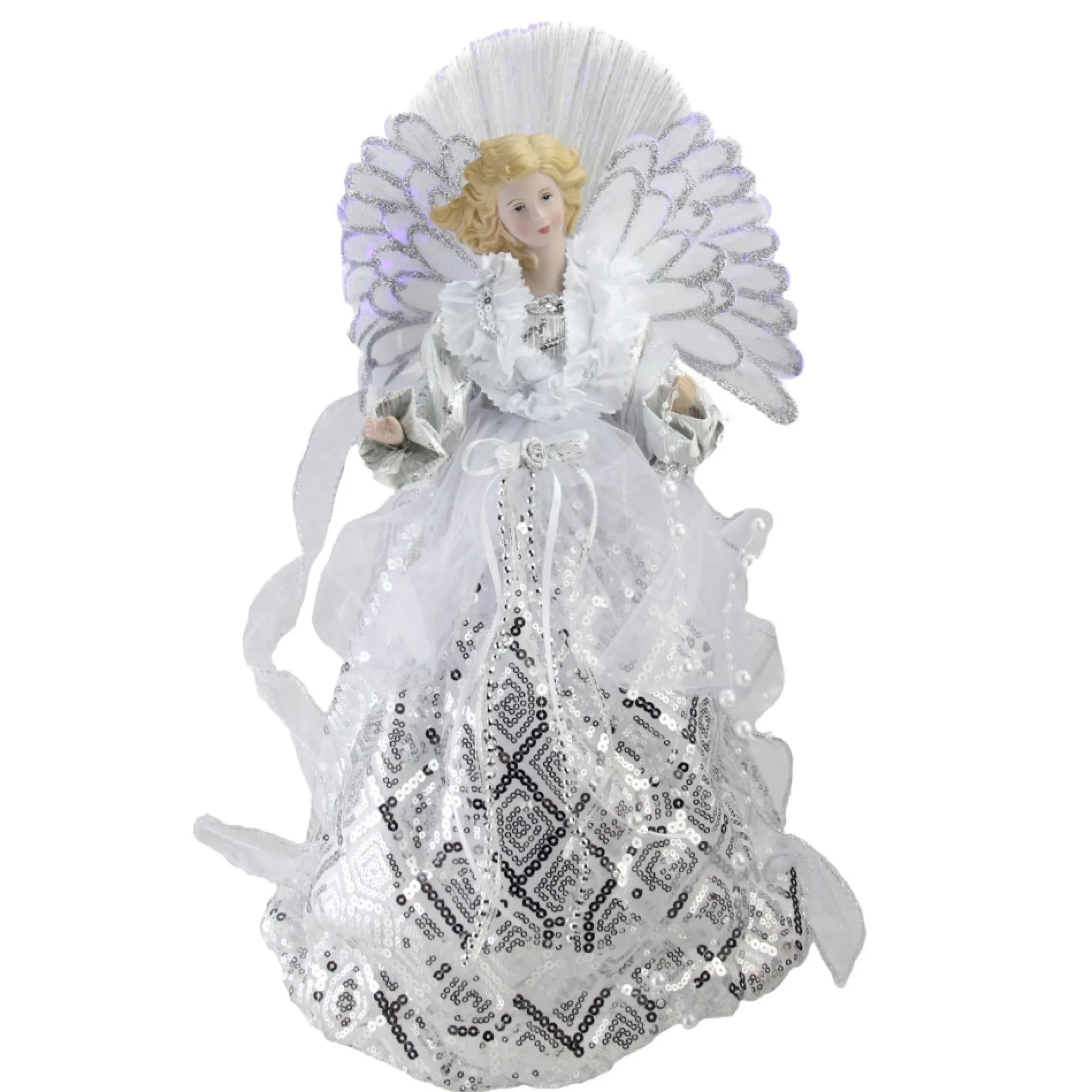 16" White And Silver Lighted Angel Sequined Gown Christmas Tree Topper