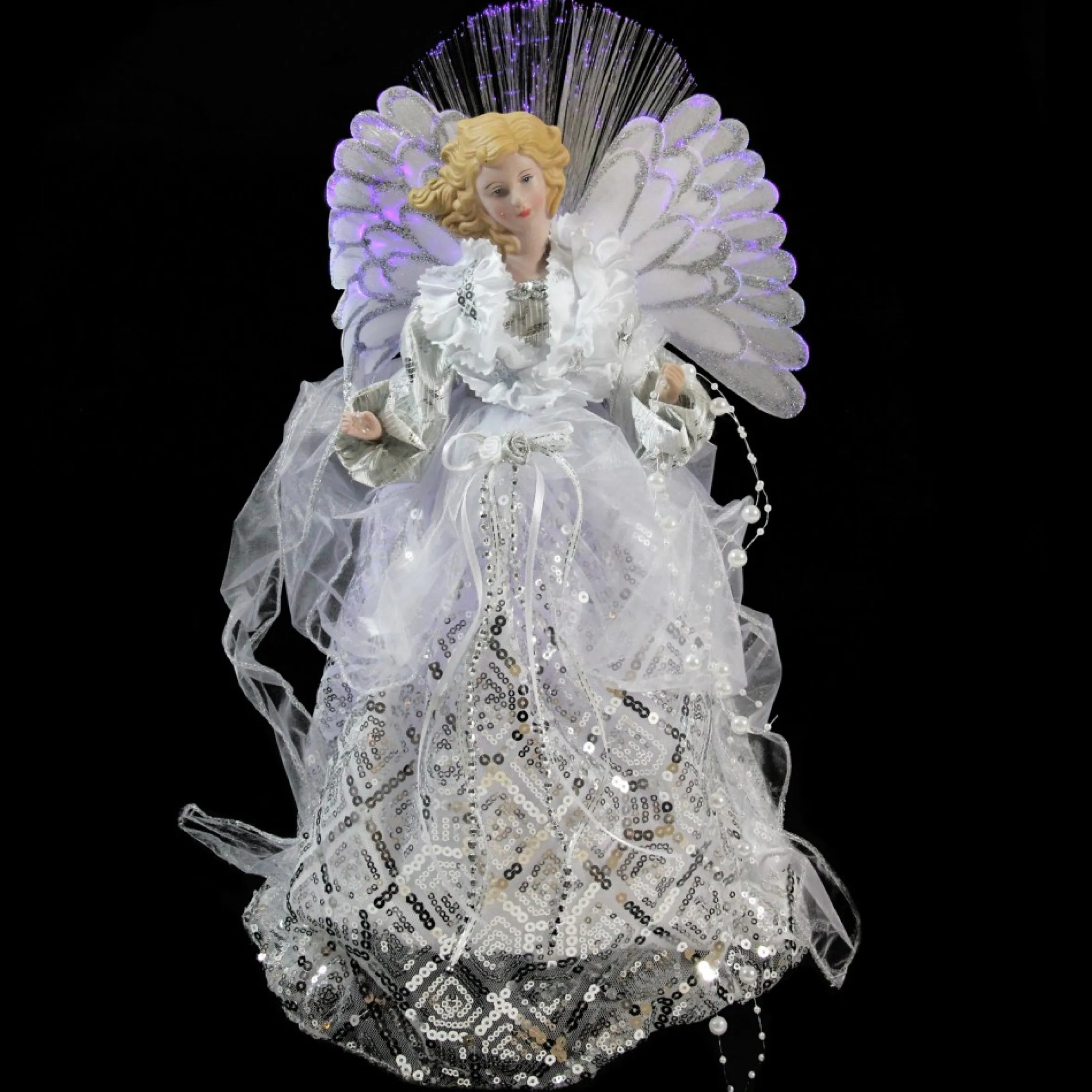 16" White And Silver Lighted Angel Sequined Gown Christmas Tree Topper