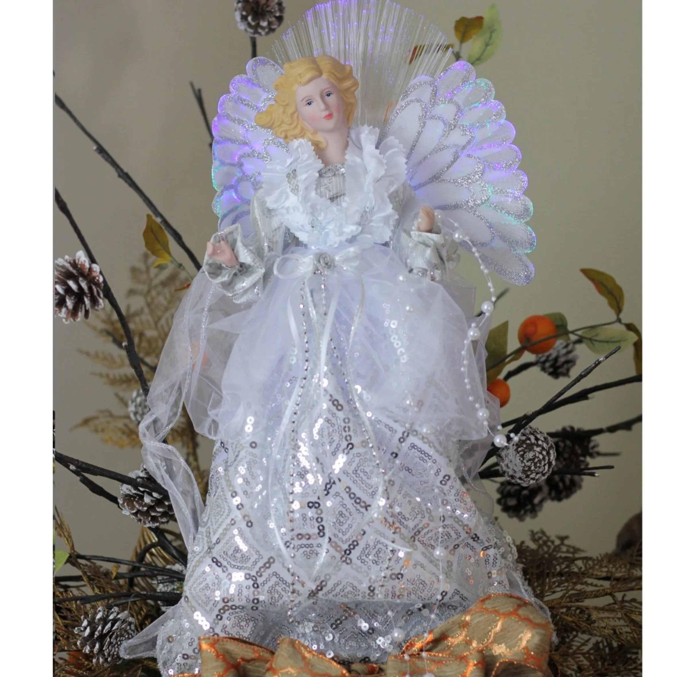 16" White And Silver Lighted Angel Sequined Gown Christmas Tree Topper