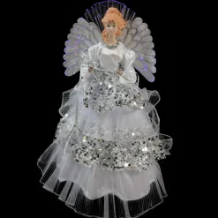 16" White And Silver Lighted Fiber Optic Angel Sequined Gown Christmas Tree Topper