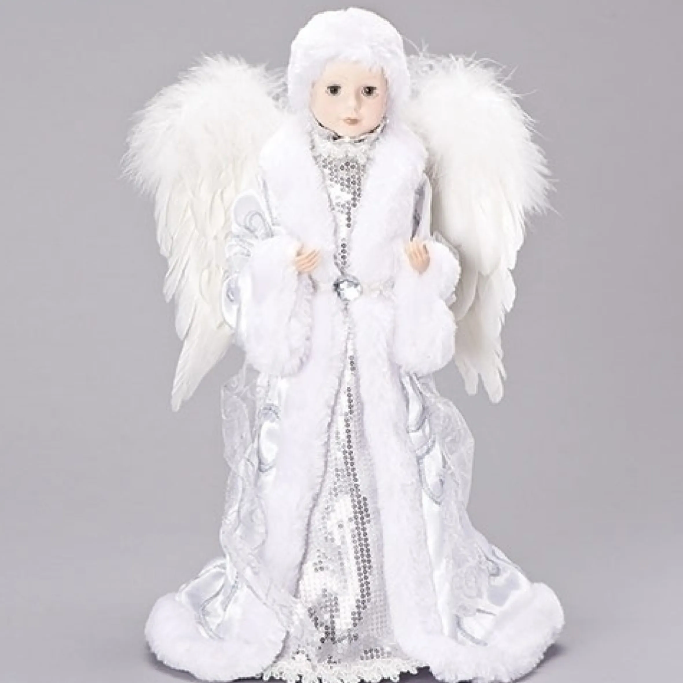 17" White And Silver Sequin Angel Christmas Tree Topper