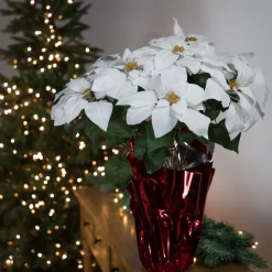 22" White Artificial Christmas Poinsettia With Red Wrapped Pot