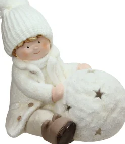 12.5" White Christmas Snowball With Sitting Boy Tealight Candle Holder