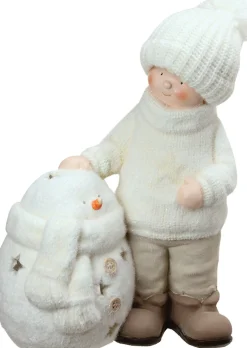 17.25" White Christmas Snowman With Standing Boy Tealight Candle Holder