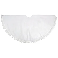 36" White Christmas Tree Skirt With A Pom Pom Border And Tie Backs