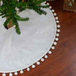 36" White Christmas Tree Skirt With A Pom Pom Border And Tie Backs