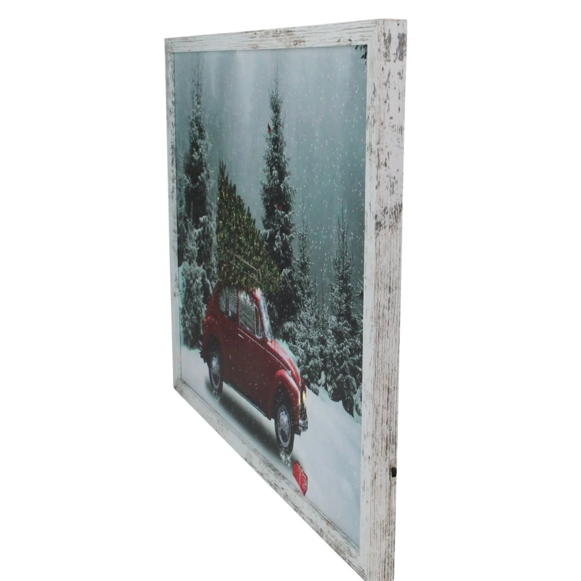 19" White Distressed Frame Red Vintage Vw Car Led Lighted Christmas Canvas