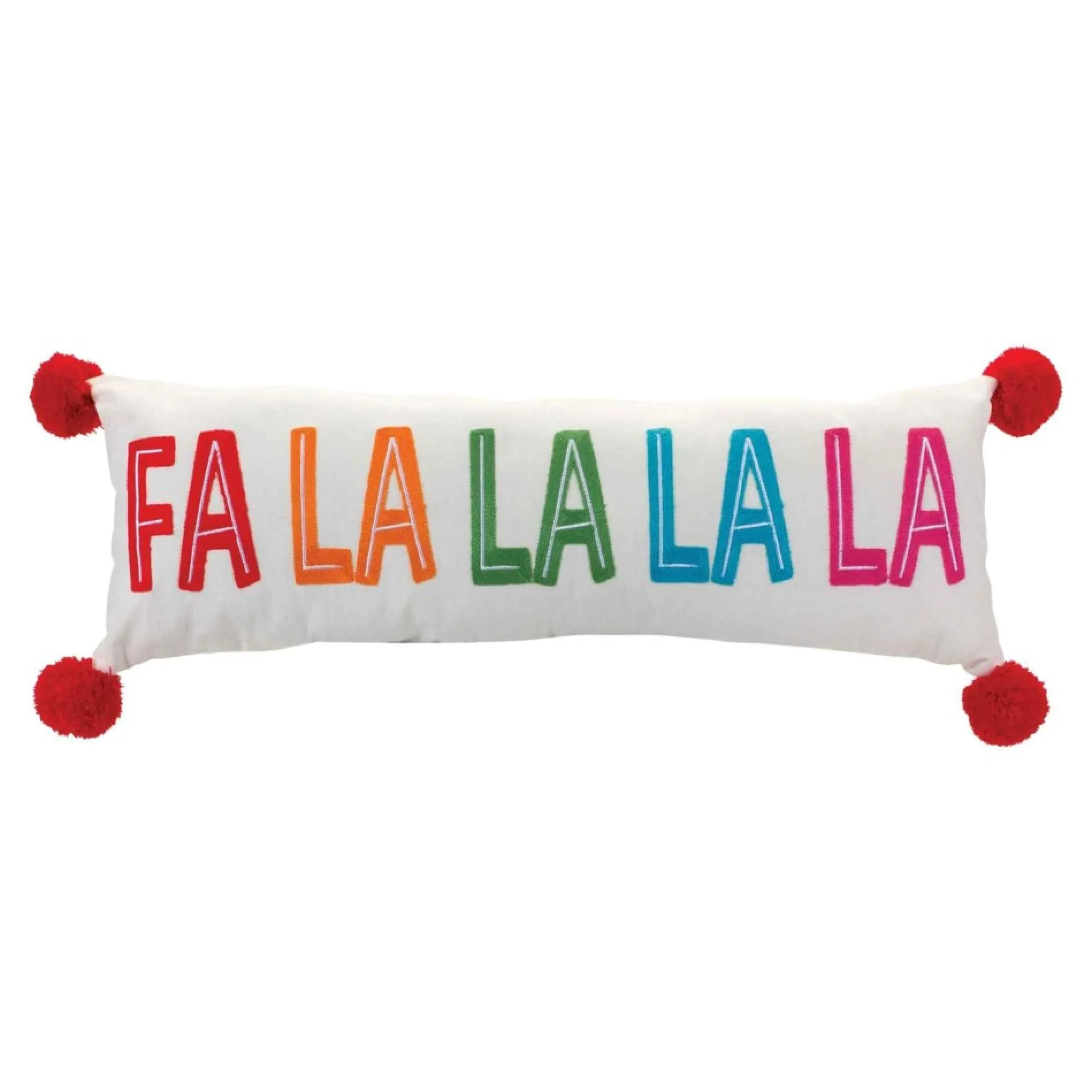 26" White Embroidered "Fa La La La La" Rectangular Christmas Throw Pillow