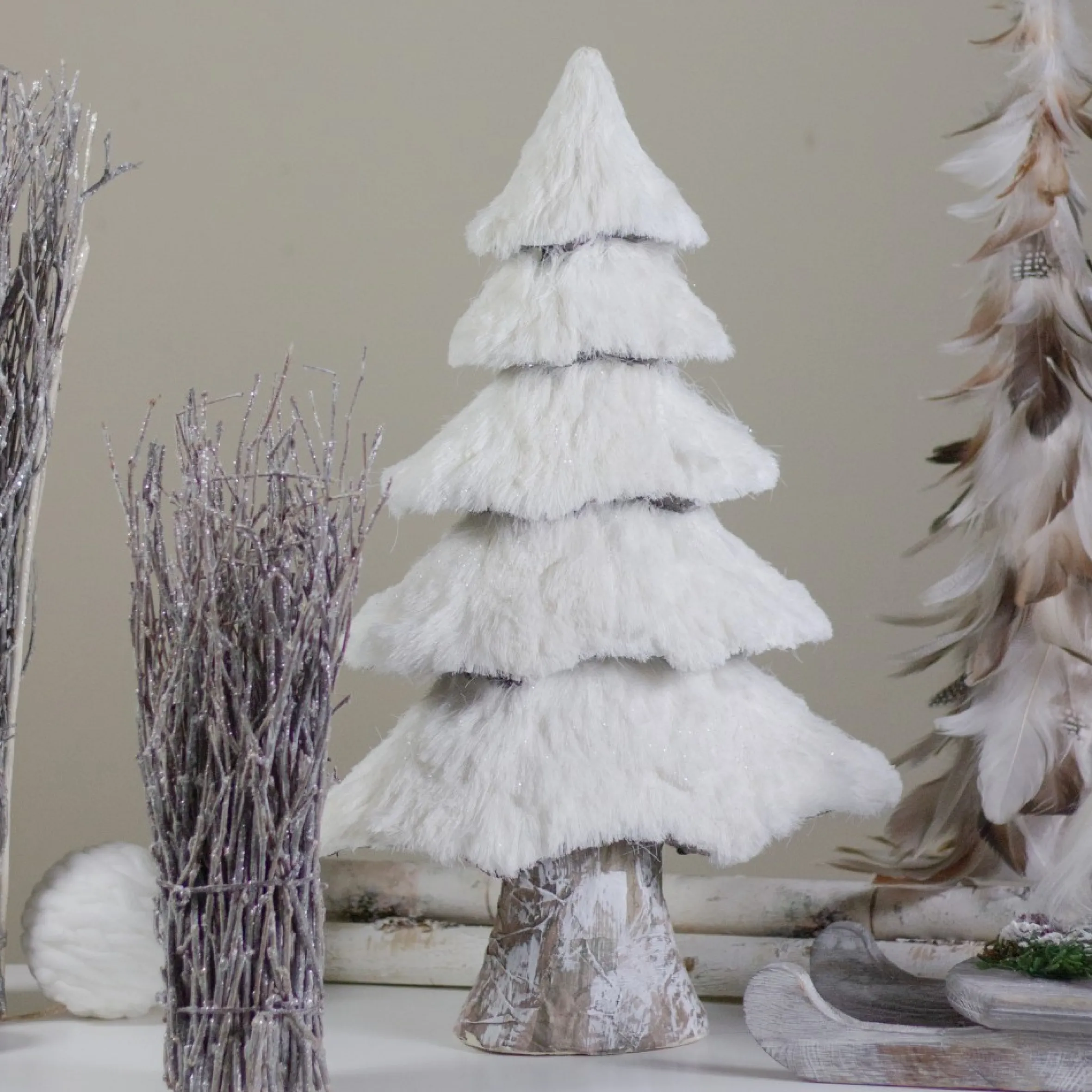 20.5" White Faux Fur Birch Tree Christmas Decoration