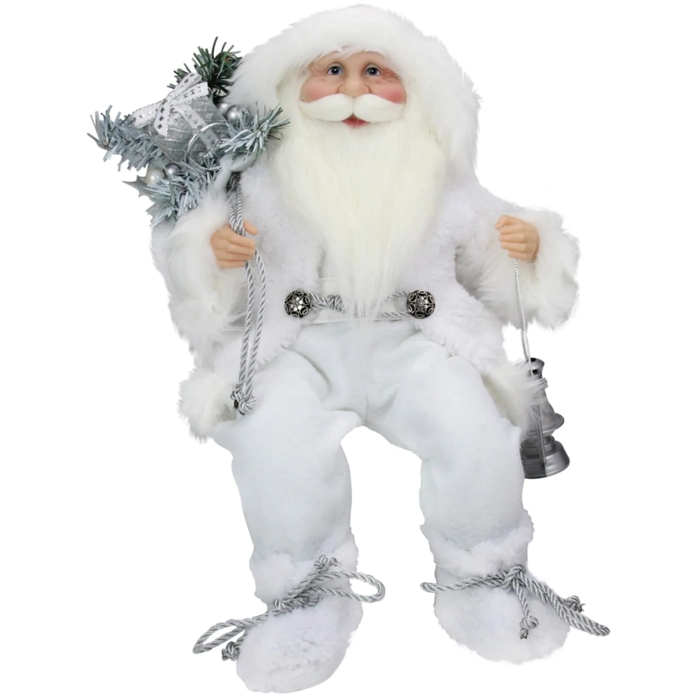 16" White Frost Sitting Santa Claus Christmas Figure With Lantern