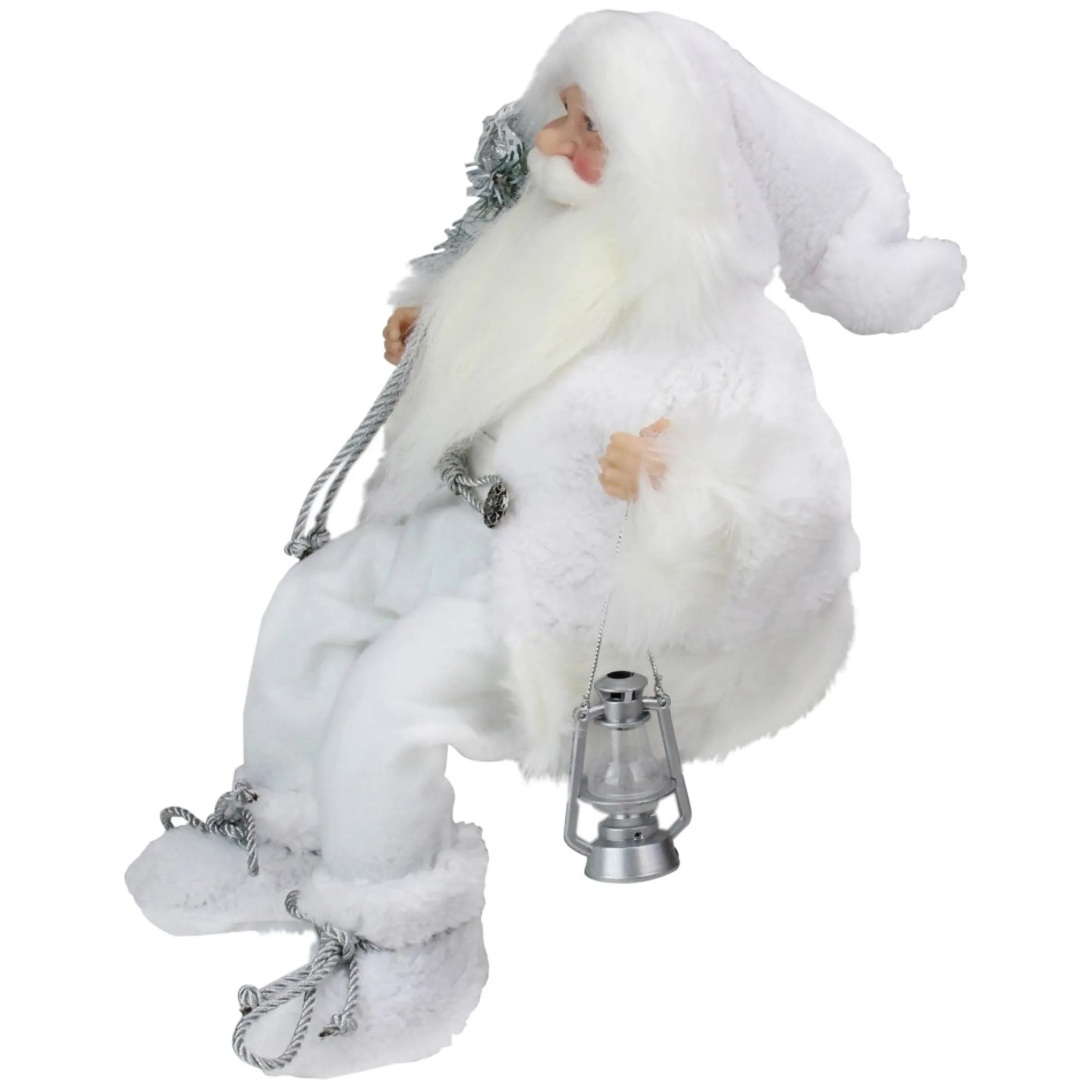 16" White Frost Sitting Santa Claus Christmas Figure With Lantern