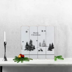 16" White Merry Christmas Post Card Winter Scene Wooden Wall Sign
