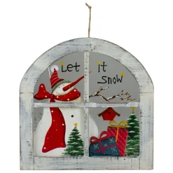 White Rustic "Let It Snow" Snowman Glass Window Scene Christmas Wall Decor