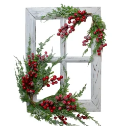 24" White Washed Window With Frosted Berries And Cedar Christmas Wall Decor