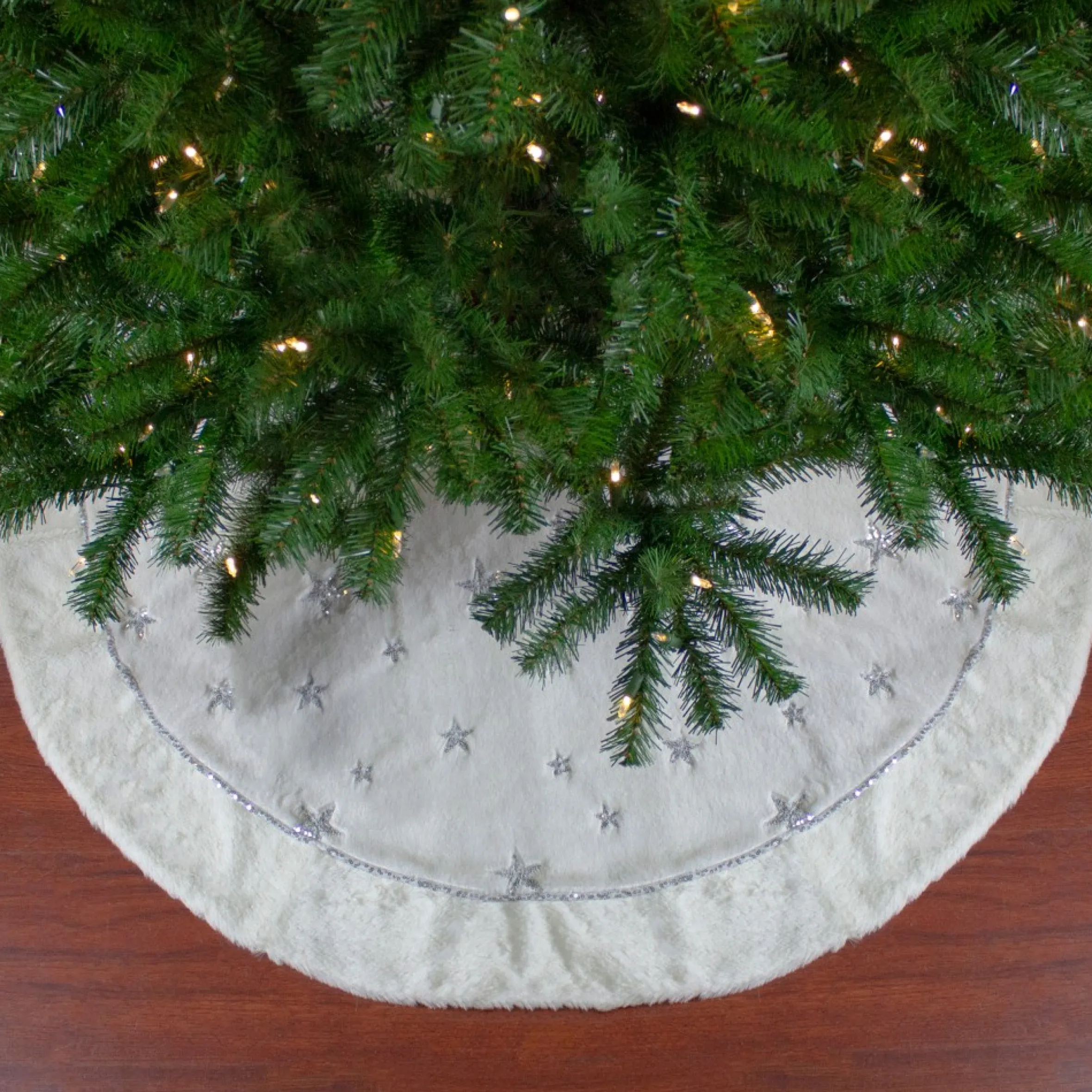 48" White With Silver Sequined Stars Christmas Tree Skirt
