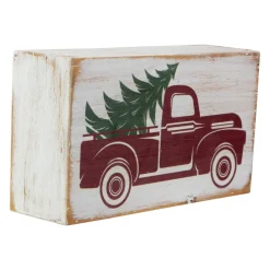 6" White Wooden Christmas Sign With Vintage Red Truck And Tree