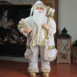 36" Winter White And Ivory Santa Claus With Gift Bag Christmas Figure