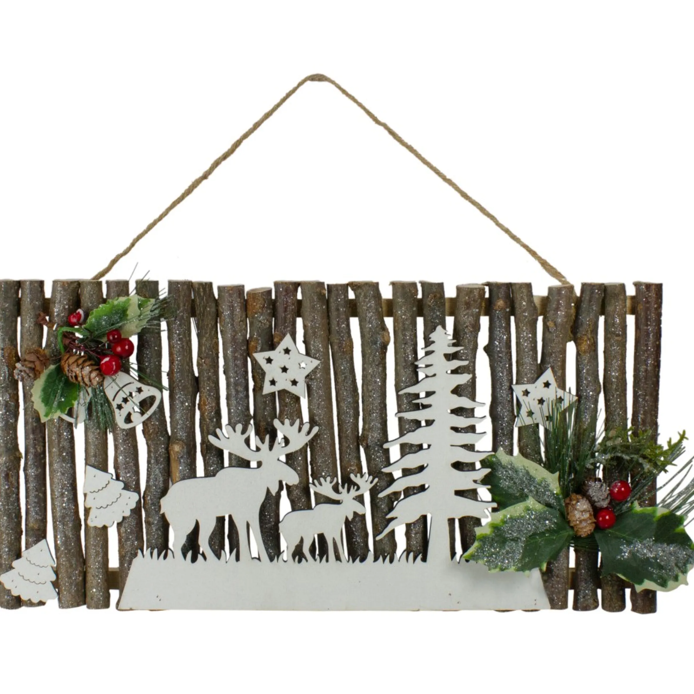 15.75" Wooden And Glitter Frosted Reindeer Christmas Wall Decor