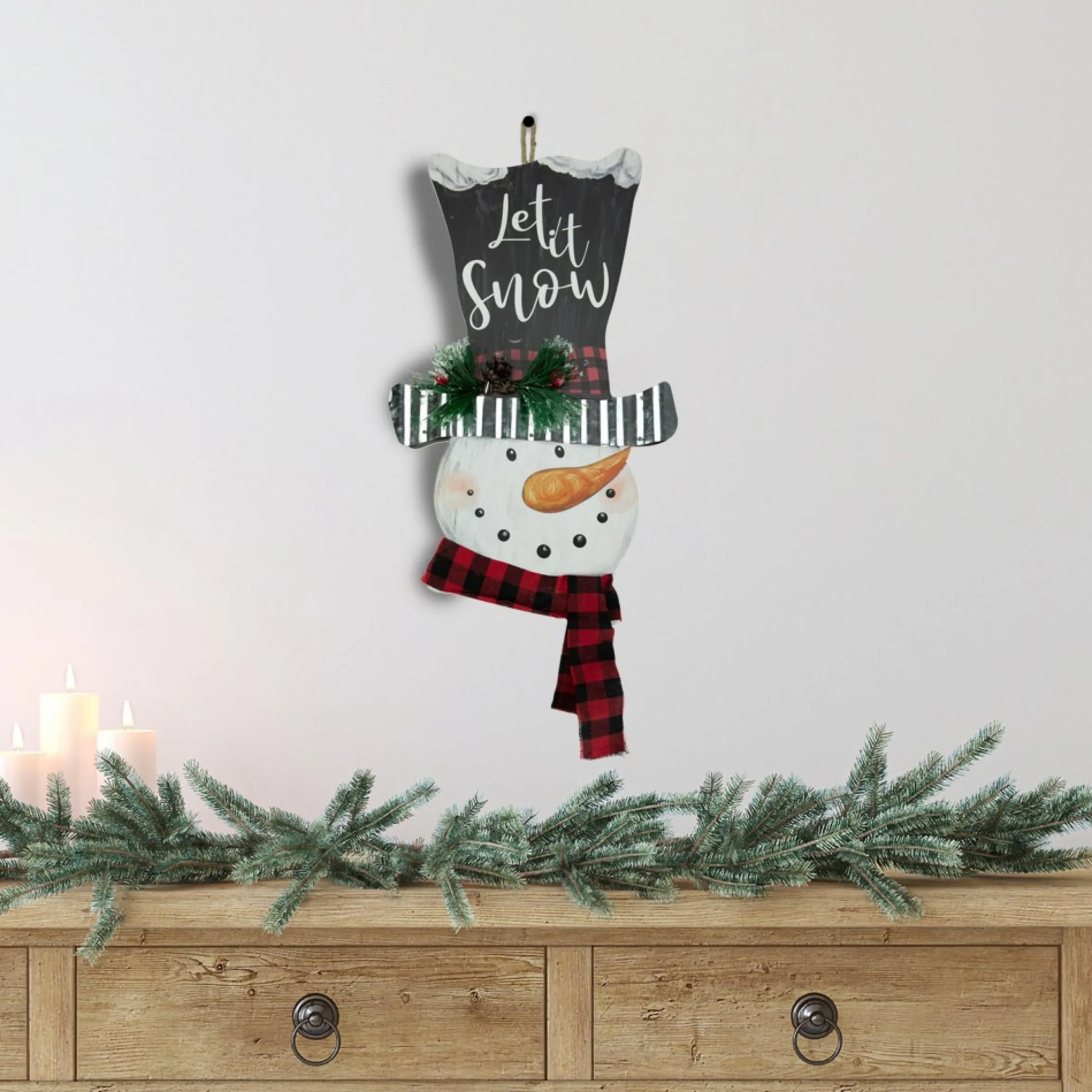 17" Wooden 'Let It Snow' Snowman With Plaid Scarf Christmas Wall Sign