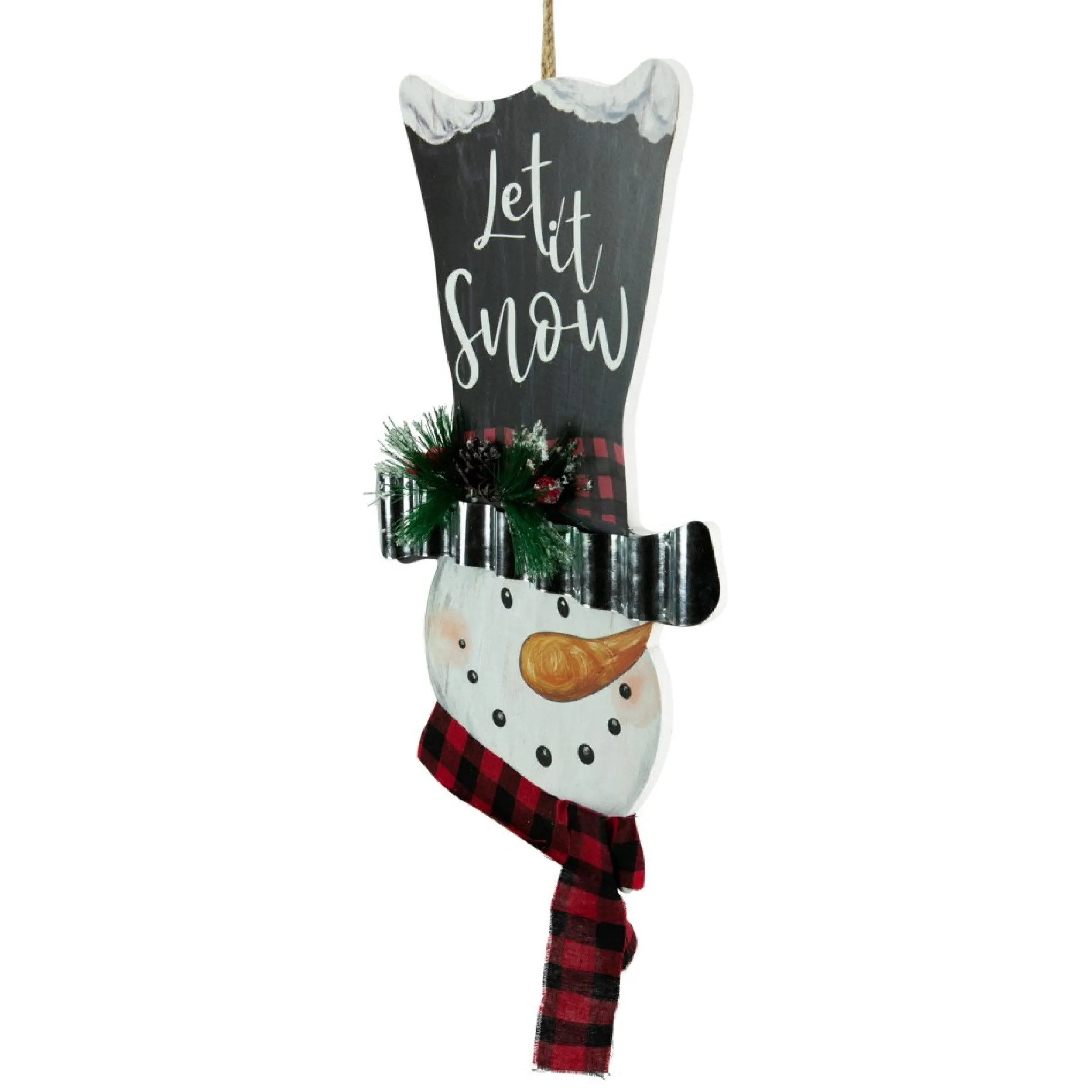 17" Wooden 'Let It Snow' Snowman With Plaid Scarf Christmas Wall Sign