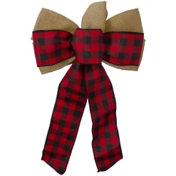 14" X 9" Burlap And Buffalo Plaid 6 Loop Christmas Bow Decoration