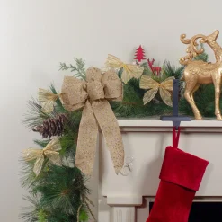 14" X 9" Burlap And Gold Glittered Polka Dots 6 Loop Christmas Bow Decoration