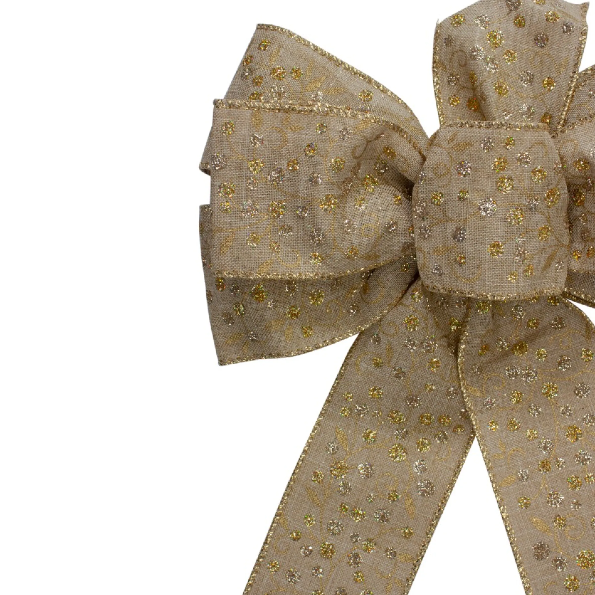 14" X 9" Burlap And Gold Glittered Polka Dots 6 Loop Christmas Bow Decoration