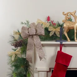 14" X 9" Burlap And Gold Scroll 6 Loop Christmas Bow Decoration