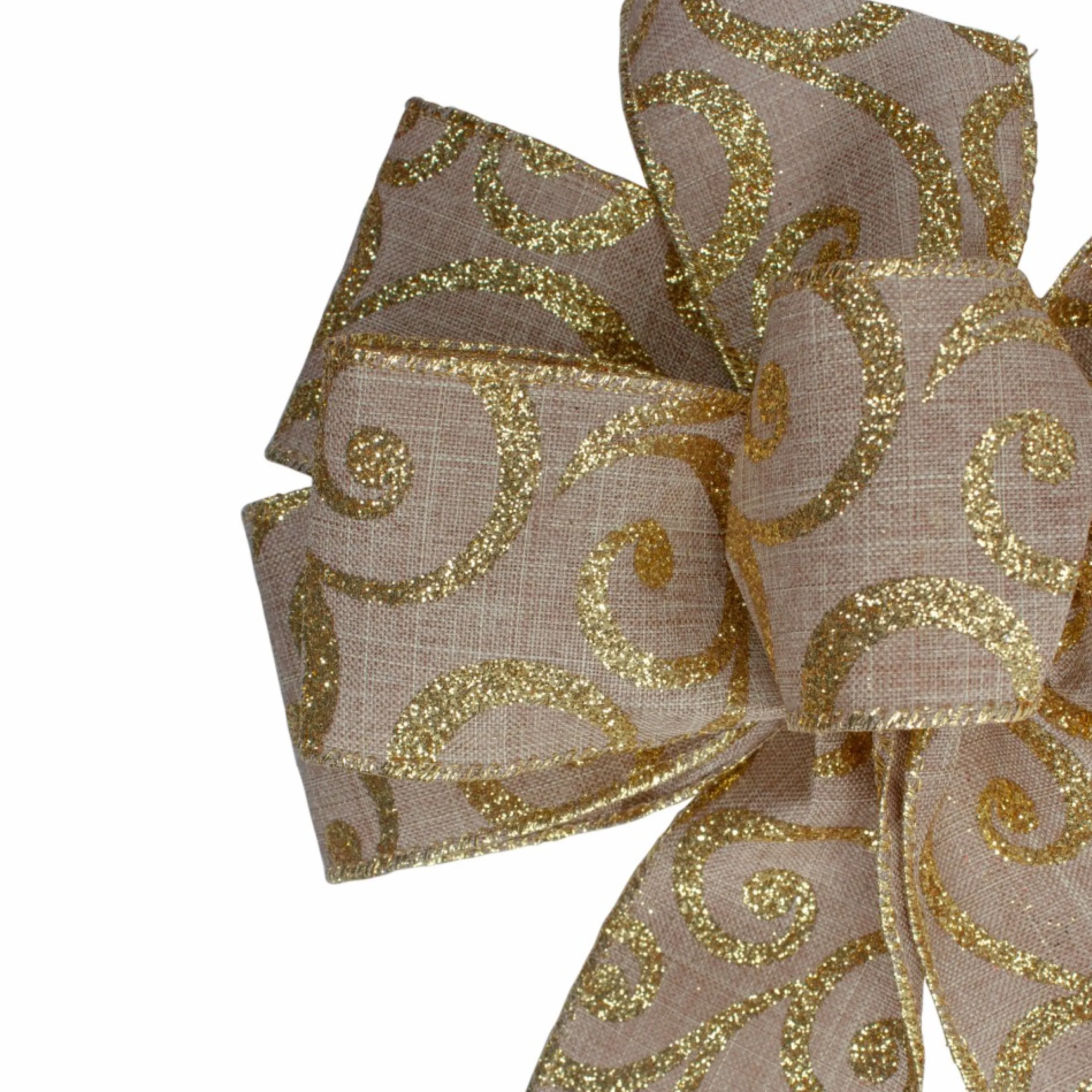 14" X 9" Burlap And Gold Scroll 6 Loop Christmas Bow Decoration